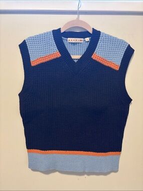 Marni x UNIQLO Brown Knit V-Neck Sweater Vest with Blue & Orange Trim